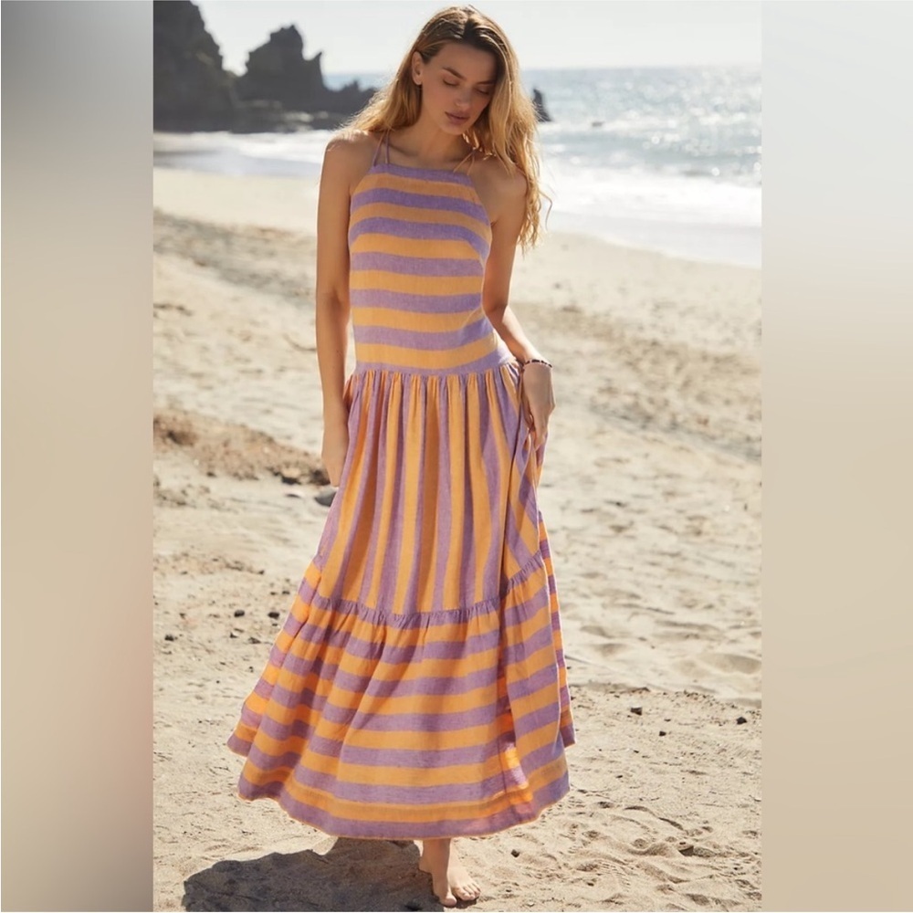 Anthropologie LINEN maxi dress XL boho open back spring summer NWT